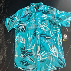 Volcom youth large bleeding leaf short sleeved woven shirt in blue